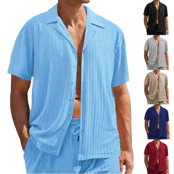 SGFCWSX Men's Casual Ribbed Short Sleeve Button Down Shirt Cuban Collar Textured Shirt for Summer Vacation Outfits Light Blue Size L