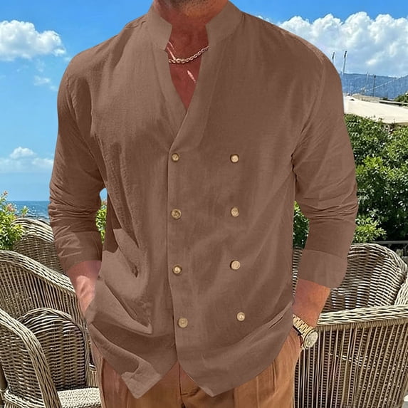 SGFCWSX Men's Casual Shacket Relaxed Fit Cotton Linen Double Breasted Mandarin Collar Long Sleeve Jackets Brown Size XL