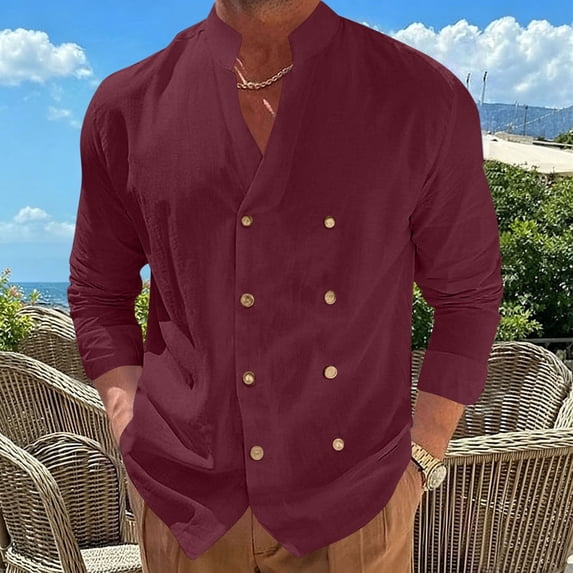 SGFCWSX Men's Casual Shacket Relaxed Fit Cotton Linen Double Breasted Mandarin Collar Long Sleeve Jackets Wine Size XL