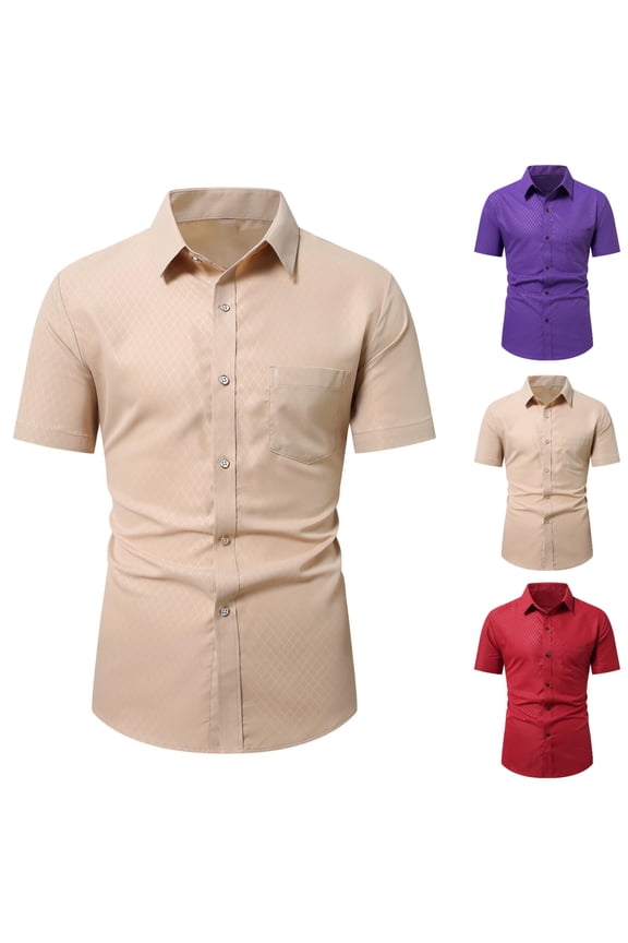 Men's Casual Short Sleeve Button Up Shirt Argyle Print Regular Fit Daily Work Office Shirt Beige Size XL