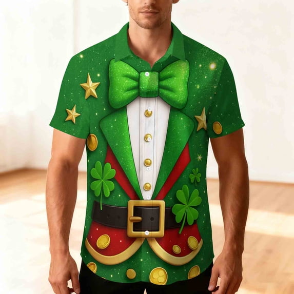 SGFCWSX Men's Casual Short Sleeve Button Up Shirt St. Patrick's Day Fake Tuxedo Clover Print Holiday Shirt Green Size XL