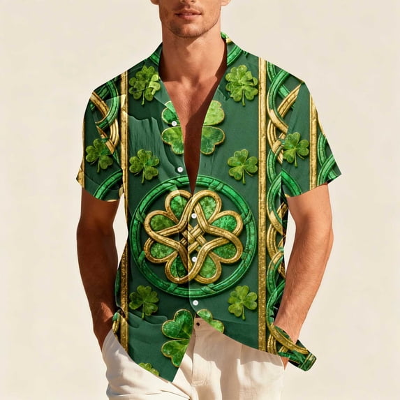 SGFCWSX Men's Casual Short Sleeve Button Up Shirt St. Patrick's Day Print Holiday Shirt Green Size 2XL