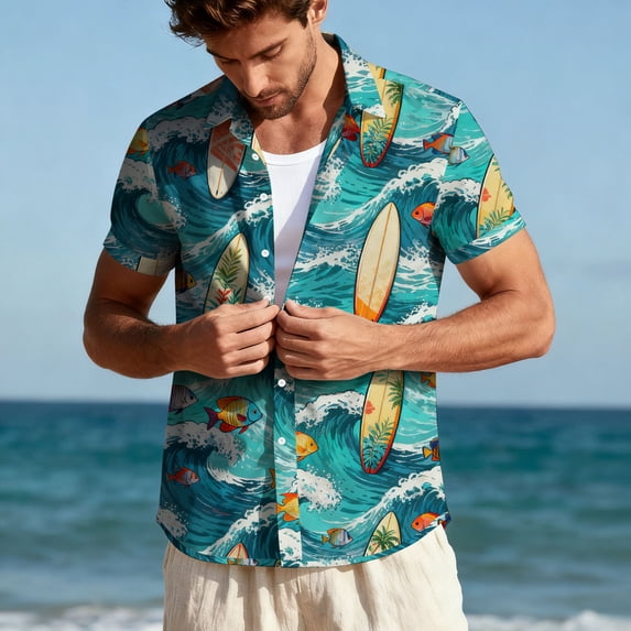 SGFCWSX Men's Casual Short Sleeve Button Up Shirt Tropical Floral Print Summer Vacation Hawaiian Shirt Light Blue Size 2XL