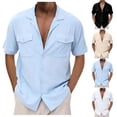 thumbnail image 1 of SGFCWSX Men's Cotton Linen Short Sleeve Camp Collar Shirt Casual Button Down Shirt with Dual Chest Pockets Light Blue Size 2XL, 1 of 9