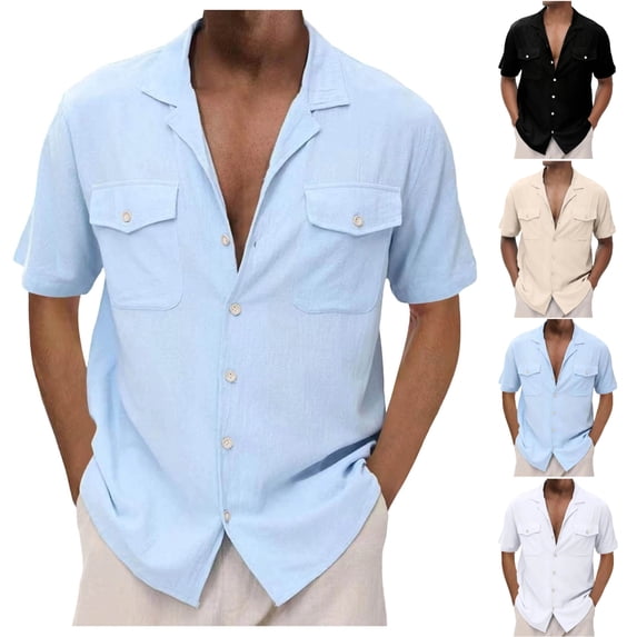 SGFCWSX Men's Cotton Linen Short Sleeve Camp Collar Shirt Casual Button Down Shirt with Dual Chest Pockets Light Blue Size 2XL
