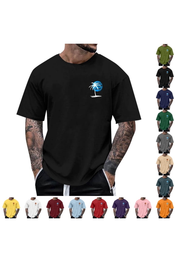 Men's Crewneck T-Shirt, Beach Theme Graphic Short Sleeve Casual Daily Wear Top for Men Black Size XL