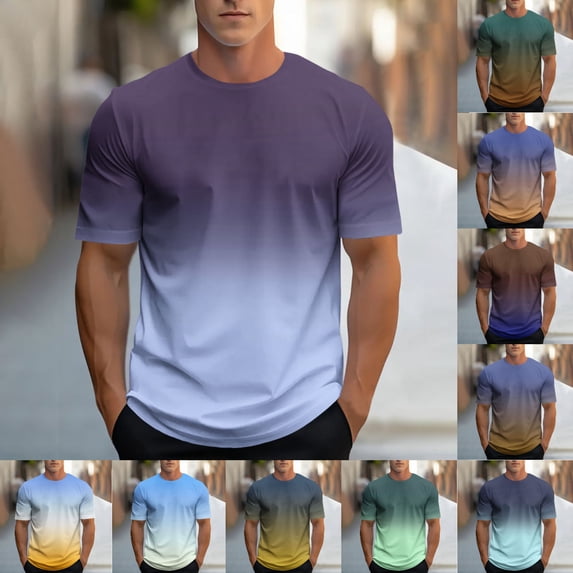 SGFCWSX Men's Crewneck T-Shirt, Gradient Short Sleeve Versatile Daily Essential Top for Men Purple Size M