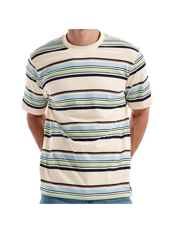 Men's Crewneck T-Shirt, Striped Short Sleeve Versatile Daily Essential Top for Men Multicolor Size M