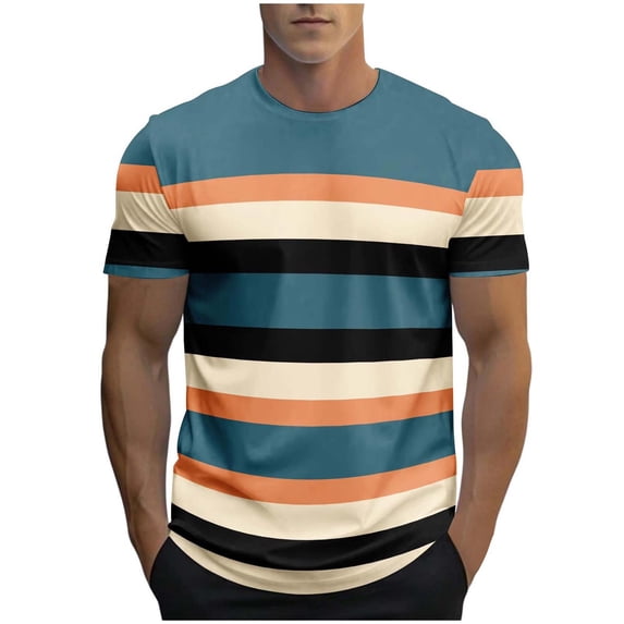 SGFCWSX Men's Crewneck T-Shirt, Striped Short Sleeve Versatile Summer Daily Essential Top for Men Navy Size L