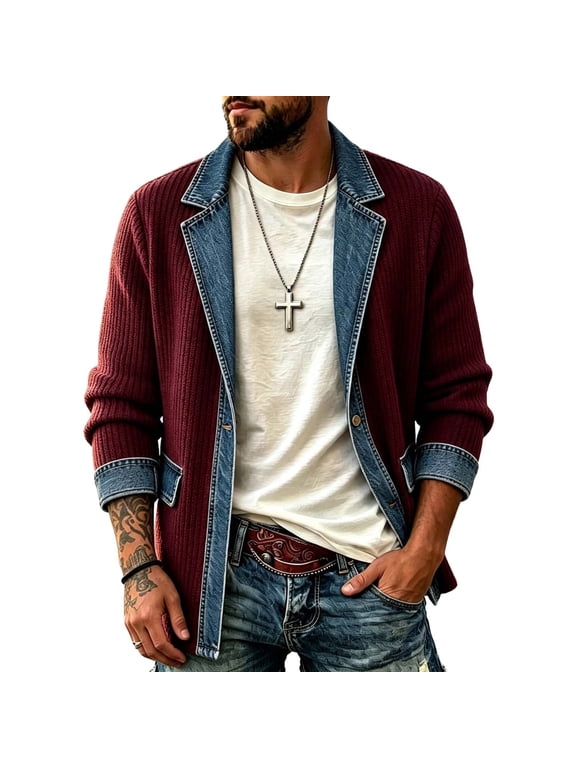 Men's Denim Patchwork Knit Jacket, Contrast Color Open Front Long Sleeve Cardigan with Pocket Wine Size 2XL