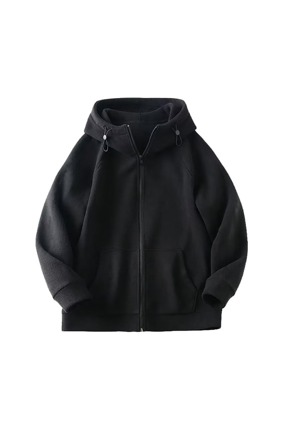 Men's Fleece Hooded Jacket Full Zip Warm Casual Outdoor Coat Black Size L