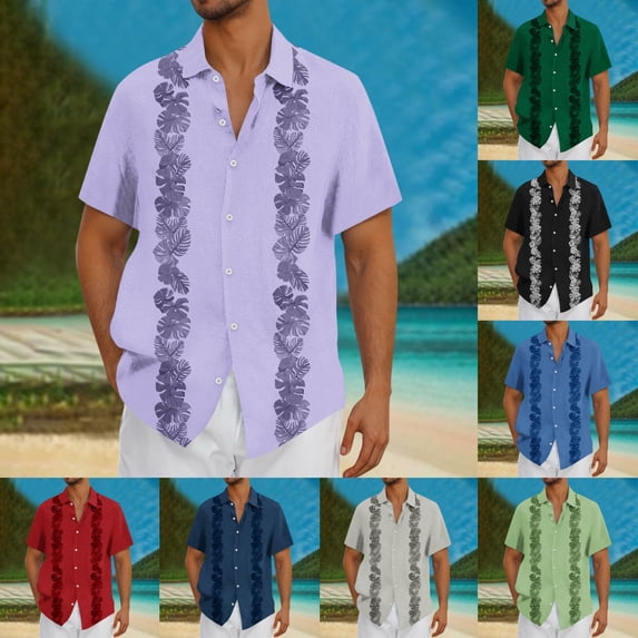 SGFCWSX Men's Guayabera Short Sleeve Button Up Shirt Printed Cuban Collar Casual Shirt for Tropical Beach Vacation Purple Size 3XL