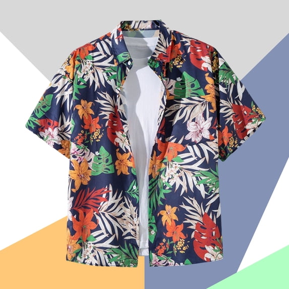 SGFCWSX Men's Hawaiian Shirt, Printed Short Sleeve Button Down Lightweight Summer Shirt Navy Size M