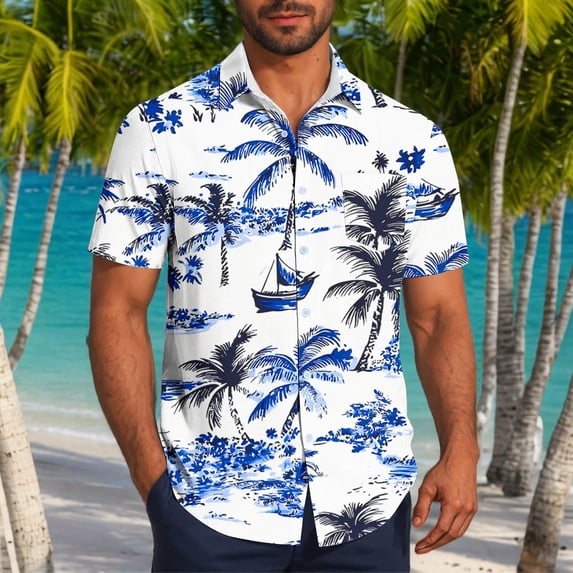 SGFCWSX Men's Hawaiian Shirt Short Sleeve Button Down, Lightweight Breathable Graphic Print Regular Fit Summer Beach Wear White Size S