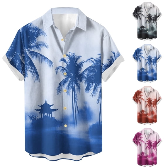 SGFCWSX Men's Hawaiian Shirt Short Sleeve Button Down Palm Tree Scenic Print Gradient Lightweight Beach Vacation Shirt Blue Size 4XL