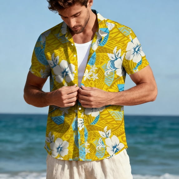 SGFCWSX Men's Hawaiian Short Sleeve Button Down Shirt Hibiscus Floral Print Summer Beach Casual Shirt Yellow Size M