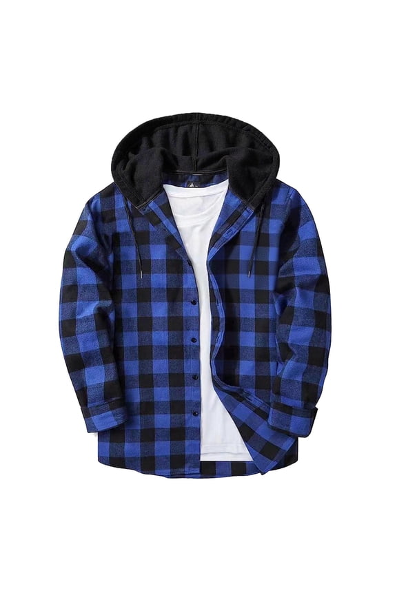 Men's Hooded Shirt Jacket, Casual Long Sleeved Hooded Button Closure Plaid Quilted Checkered Jackets Blue S