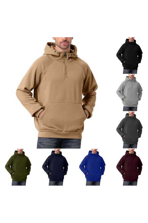 Men's Hooded Sweatshirt Half Zip Raglan Sleeve Drawstring Hood Soft Fleece Everyday Pullover for Men Khaki Size L