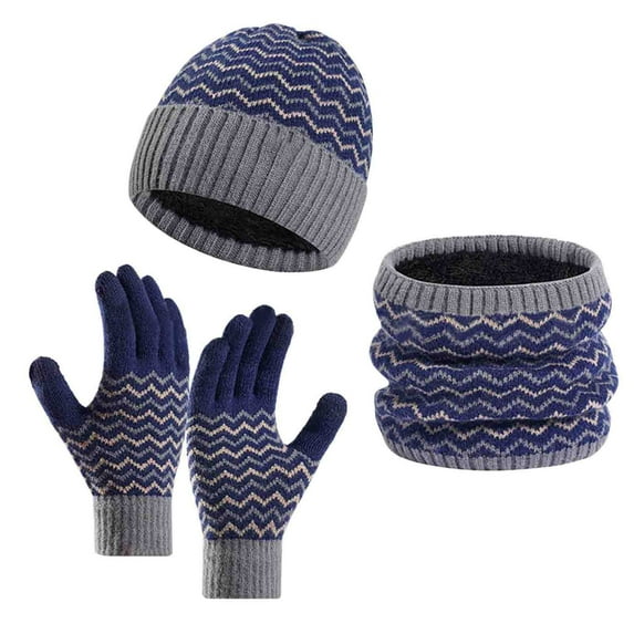 SGFCWSX Men's Knitted Hat Three Piece Set,Winter Color Blocked Thickened Woolen Hat Set Navy Free Size