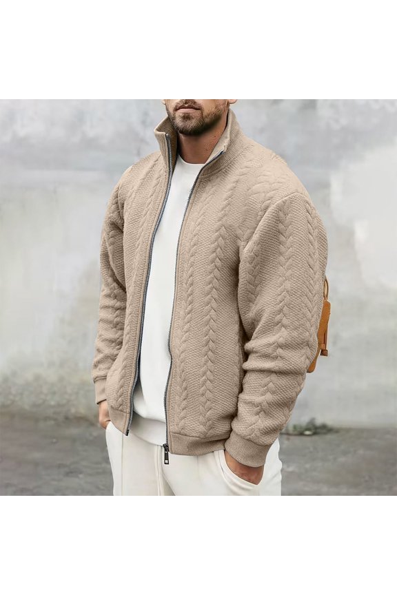 Men's Lightweight Jacket Regular Fit Cable Knit Full Zip Stand Collar Sweater Jackets with Pockets Khaki Size S
