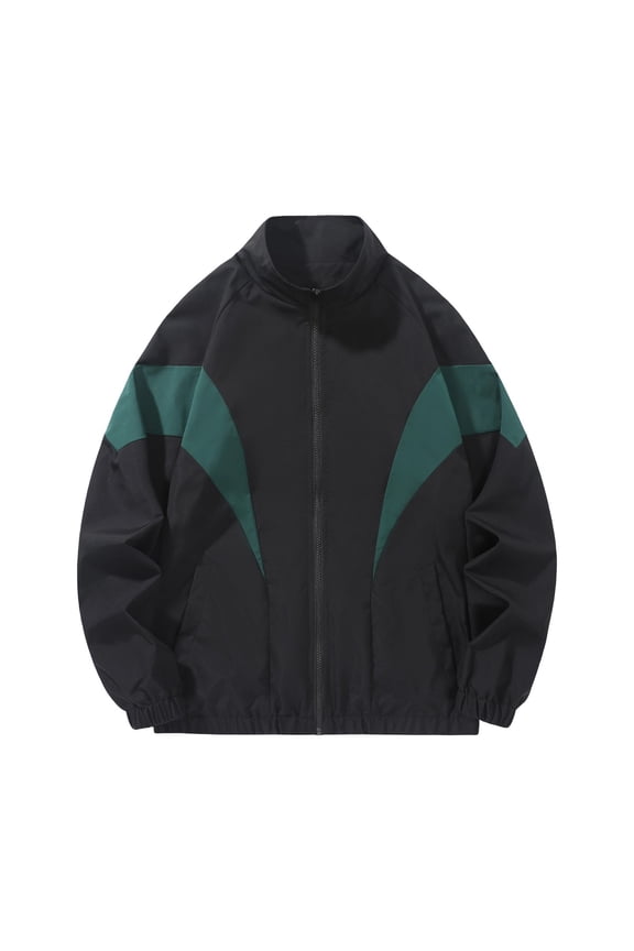 Men's Lightweight Jacket Regular Fit Color Block Full Zip Stand Collar Retro Windbreaker Jackets with Pockets Black Size L