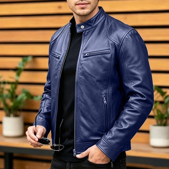 SGFCWSX Men's Lightweight Jacket Regular Fit Faux Leather Full Zip Stand Collar Moto Jackets with Pockets Dark Blue Size 5XL