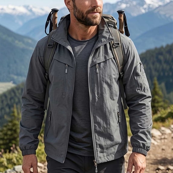 SGFCWSX Men's Lightweight Jacket Regular Fit Stand Collar Full Zip Windbreaker Outdoor Jackets with Multi Pockets Dark Gray Size XL