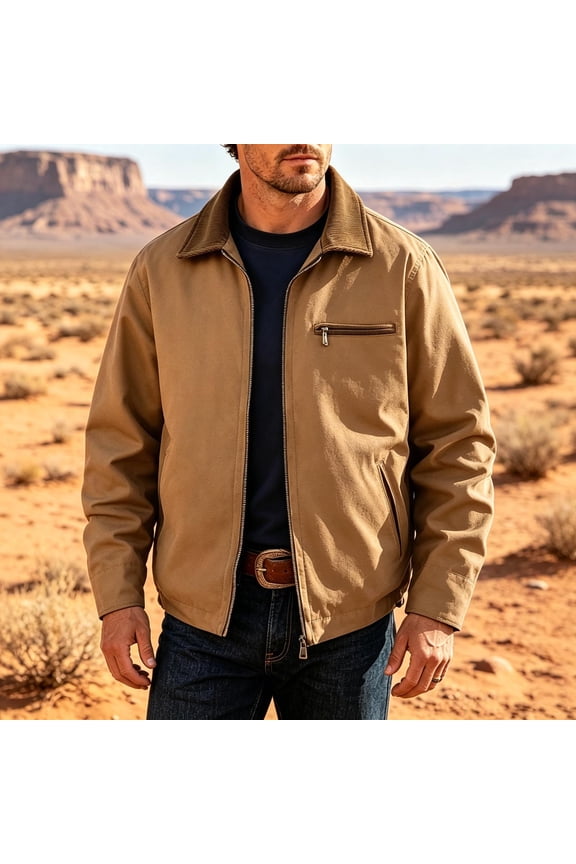 Men's Lightweight Jacket Relaxed Fit Canvas Full Zip Stand Collar Daily Outerwear with Pockets Coffee Size L