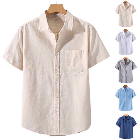 SGFCWSX Men's Linen Shirt Short Sleeve Button Down, Regular Fit Single Pocket Breathable Summer Casual Beach Wear Khaki Size 4XL