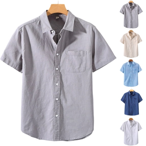 SGFCWSX Men's Linen Shirt Short Sleeve Button Down, Regular Fit Single Pocket Lightweight Summer Casual Outfit Gray Size 5XL