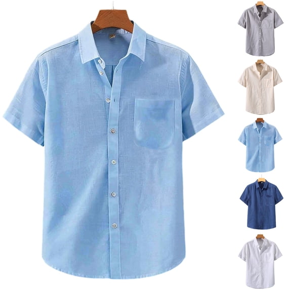 SGFCWSX Men's Linen Shirt Short Sleeve Button Down, Regular Fit Single Pocket Lightweight Summer Casual Outfit Light Blue Size 2XL
