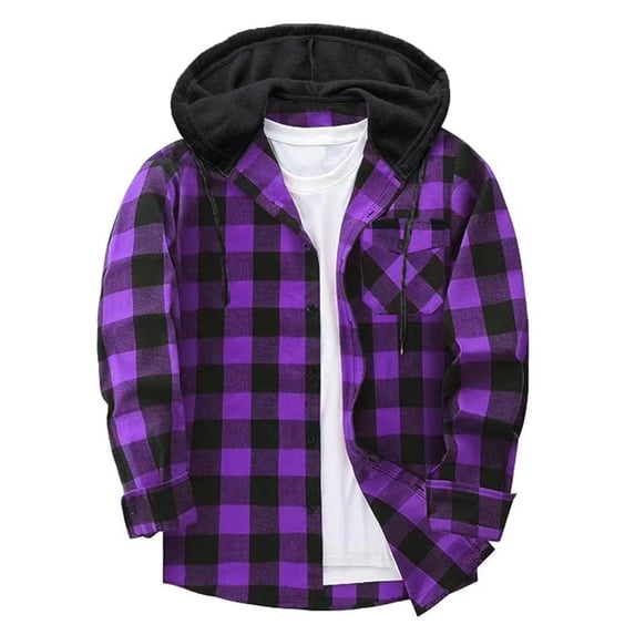 SGFCWSX Men's Long Sleeve Outwear Jackets, Button-Up Casual Patchwork Plaid Shirt with Hood Fall Blouse Purple S