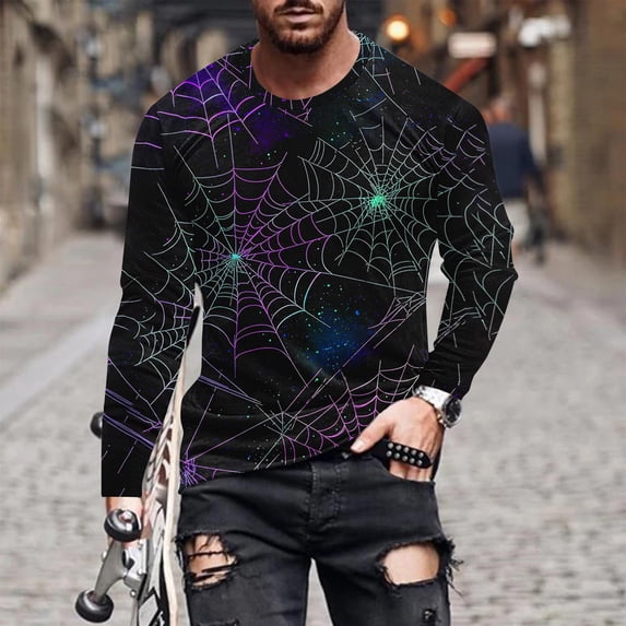 SGFCWSX Men's Long Sleeve T-Shirt Crew Neck Halloween Graphic Print Casual Holiday Top Multicolor Size 4XL