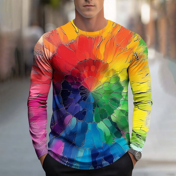 SGFCWSX Men's Long Sleeve T-Shirt Crew Neck Tie Dye Print Regular Fit Casual Streetwear Top Multicolor Size L