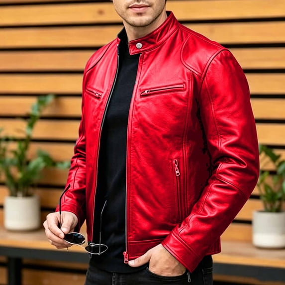 SGFCWSX Men's Moto Jacket Wind Resistant Stand Collar Multi Pockets Loose Fit Daily Athletic Jackets Red Size 3XL