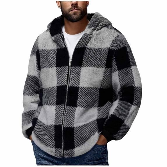SGFCWSX Men's Plaid Sherpa Jacket, Casual Outerwear Lightweight Full Zip Fleece Hoodie Gray XL