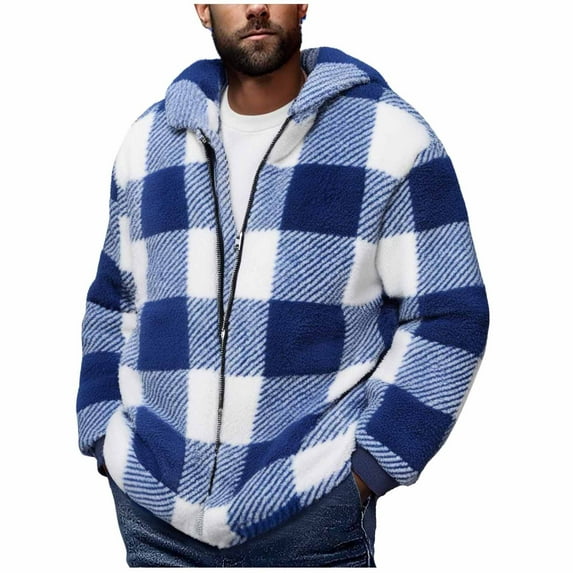 SGFCWSX Men's Plaid Sherpa Jacket, Outerwear Casual Lightweight Full Zip Fleece Hoodie Blue M