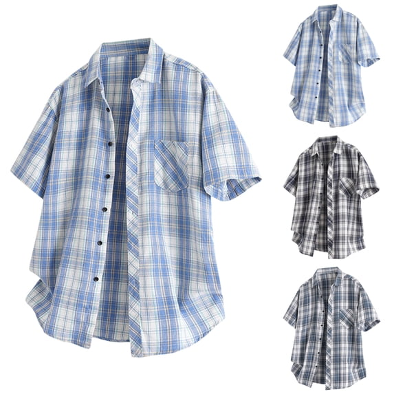 SGFCWSX Men's Plaid Shirt Short Sleeve Button Down, Loose Fit Breathable Lightweight Summer Casual Outfit Light Blue Size 3XL