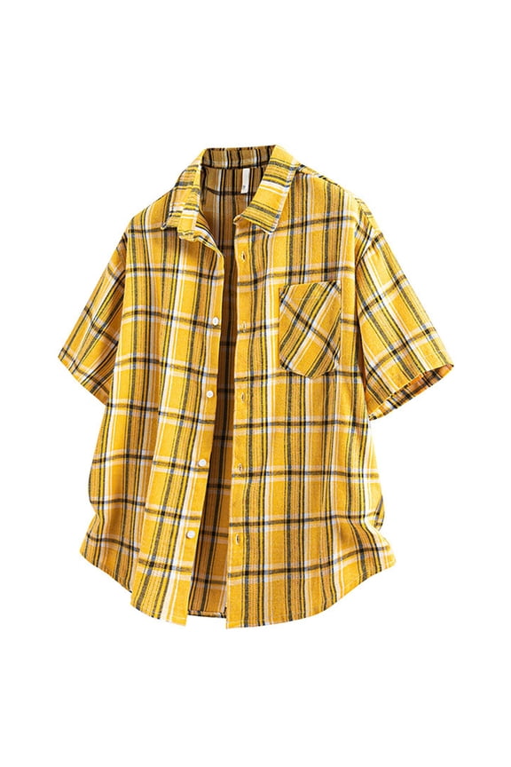 Men's Plaid Shirt Short Sleeve Button Down, Single Pocket Lightweight Breathable Summer Casual Streetwear Yellow Size L