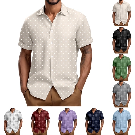 SGFCWSX Men's Polka Dot Short Sleeve Button Up Shirt Lightweight Casual Multi-Color Shirt for Daily Summer Wear Beige Size XL