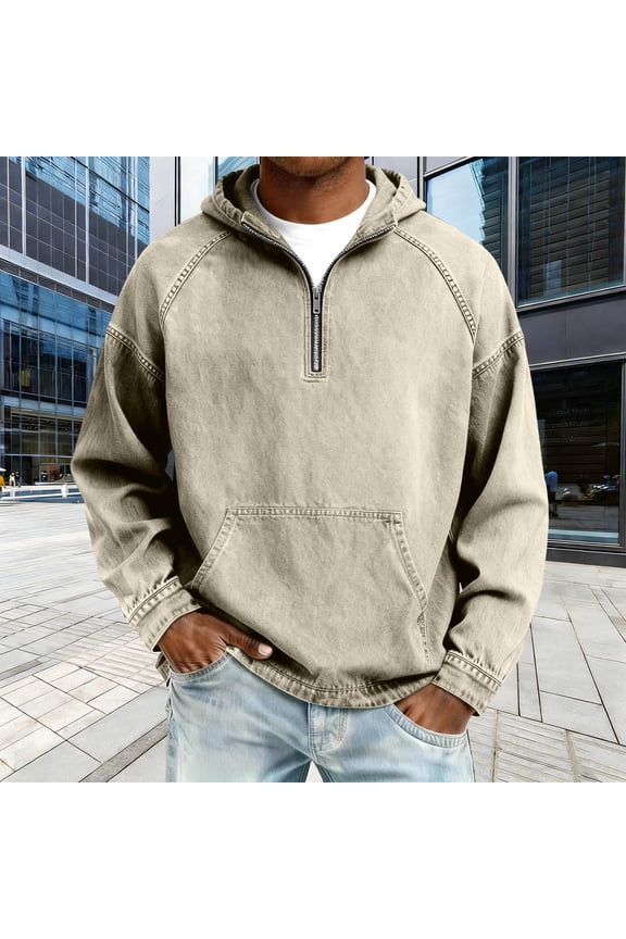 Men's Pullover Hoodie Quarter Zip Raglan Sleeve Washed Denim Kanga Pocket Casual Sweatshirt for Men Khaki Size 2XL
