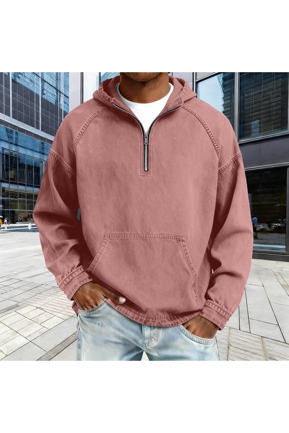 Men's Pullover Hoodie Quarter Zip Raglan Sleeve Washed Denim Kanga Pocket Casual Sweatshirt for Men Pink Size 4XL