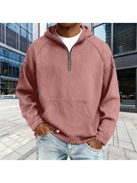 Men's Pullover Hoodie Quarter Zip Raglan Sleeve Washed Denim Kanga Pocket Casual Sweatshirt for Men Pink Size S