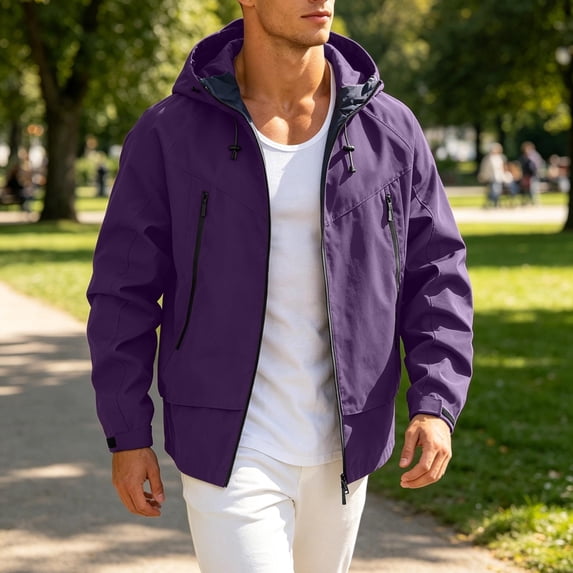 SGFCWSX Men's Rain Jacket Waterproof Windproof Hooded Lightweight Zipper Pockets Outdoor Hiking Camping Windbreaker Purple Size S