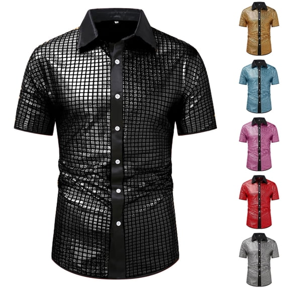 SGFCWSX Men's Sequin Shirt Short Sleeve Button Down, Slim Fit Metallic Disco Party Casual Outfit Black Size 2XL