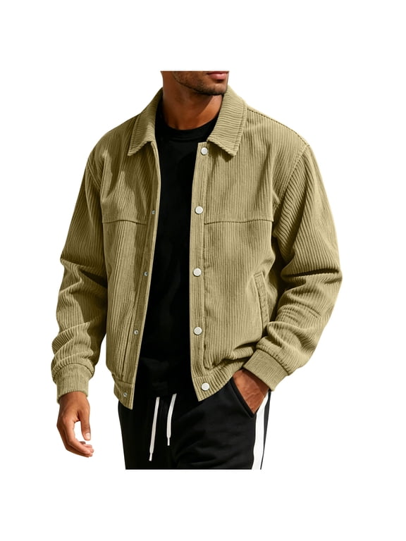Men's Shacket Corduroy Button Up Collared Long Sleeve Trucker Style Casual Outerwear with Pockets Ribbed Cuffs Khaki Size L