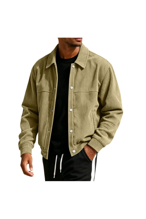 Men's Shacket Corduroy Button Up Collared Long Sleeve Trucker Style Casual Outerwear with Pockets Ribbed Cuffs Khaki Size M