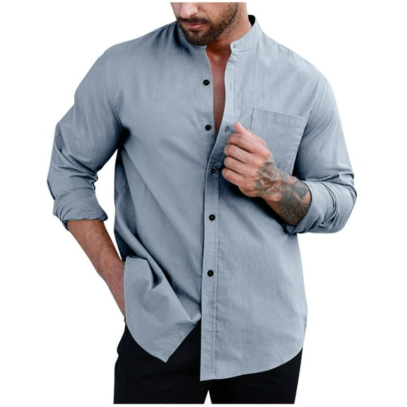 SGFCWSX Men Long Sleeve T-Shirt,Solid Stand Collar Lightweight Casual Button Down Shirts Light Blue XL