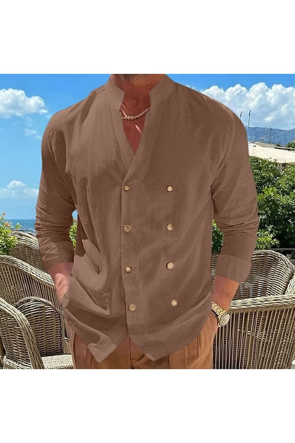 Men's Shirt Jacket Mandarin Collar Double Breasted Button Front Long Sleeve Side Pocket Casual Coat Brown Size L