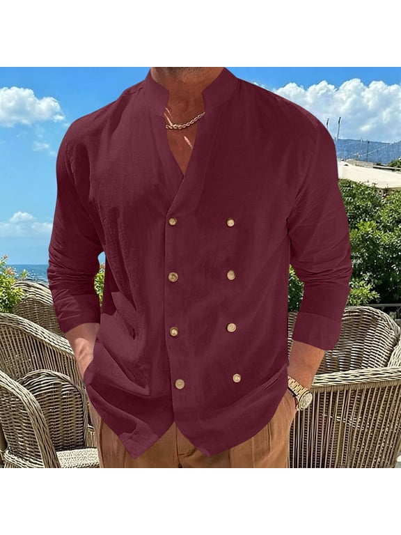 Men's Shirt Jacket Mandarin Collar Double Breasted Button Front Long Sleeve Side Pocket Casual Coat Wine Size 2XL